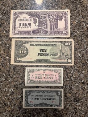 Vintage WWII-era Japanese Government Banknote Lot of 4 Bills - Multi Color